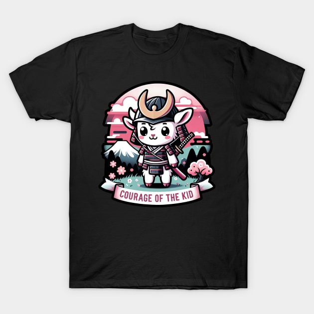 Kawaii Samurai Animal Lamb Warrior with Katana Cute in front of Fuji Mount Blossom T-Shirt by EmuftyDesign